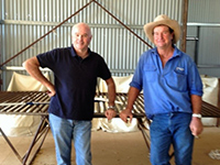 Jim Vandeleur with Geoff Mengerson in his new shearing shed on Depot Springs Station. 